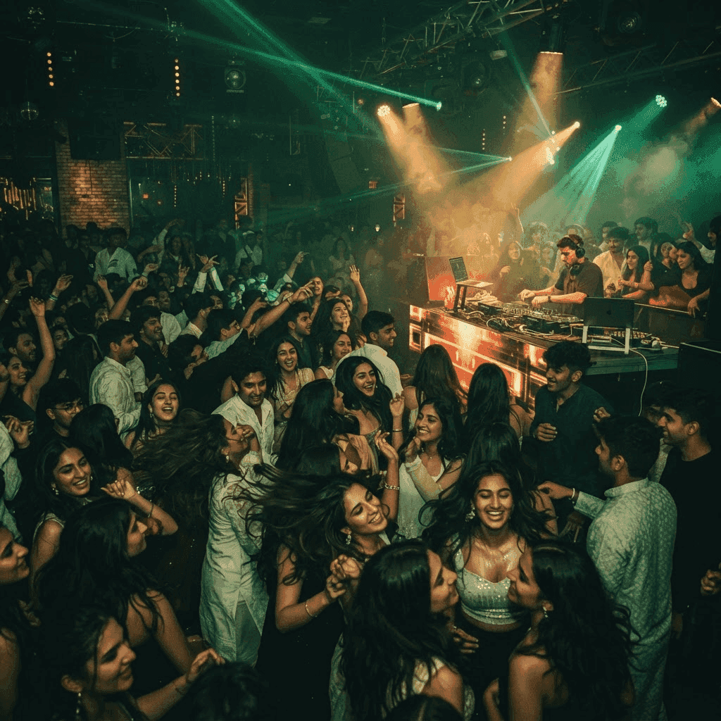 Crowd dancing under green and gold stage lights at a Bollywood night